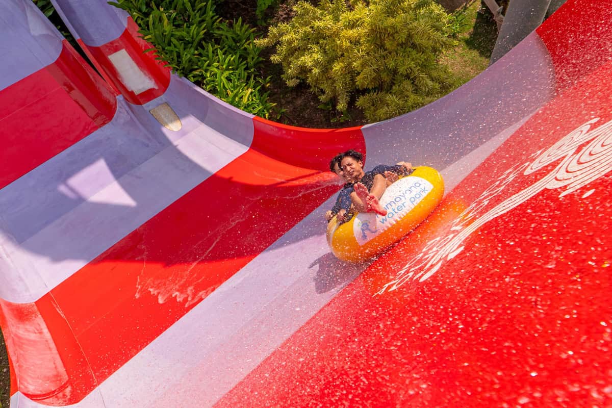 waterpark goers enjoying the boomerango slide